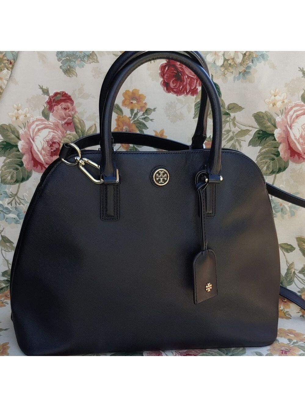 Tory Burch Saffiano Black Leather Dome Satchel Bag with Shoulder Strap